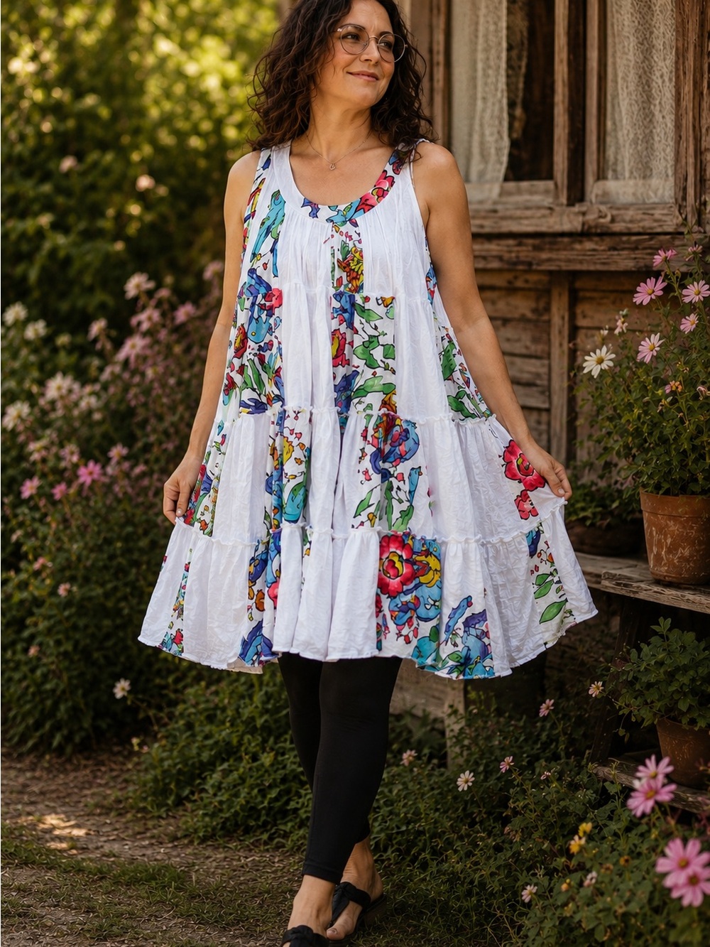 KikiSol White Patchwork Garden Print Tank Dress – L/XL boho cottagecore hippie